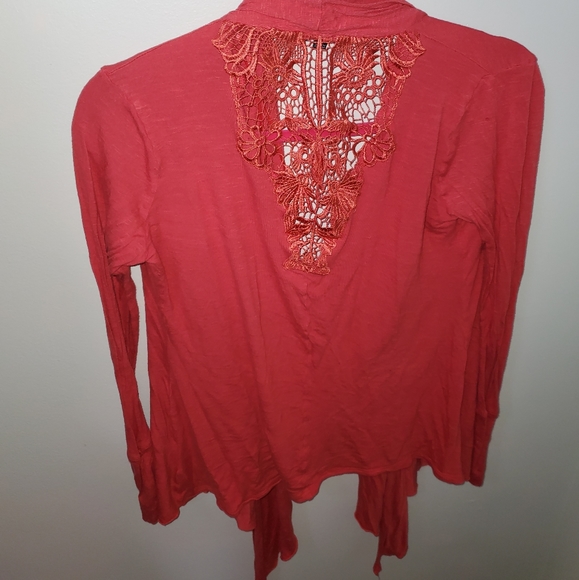 Salmon Colored Long Sleeve Lace Cardigan Boho - Picture 5 of 6